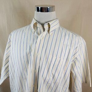 LL Bean 17.5 Traditional Fit Oxford Shirt White Blue Yellow Striped Wrinkle Free